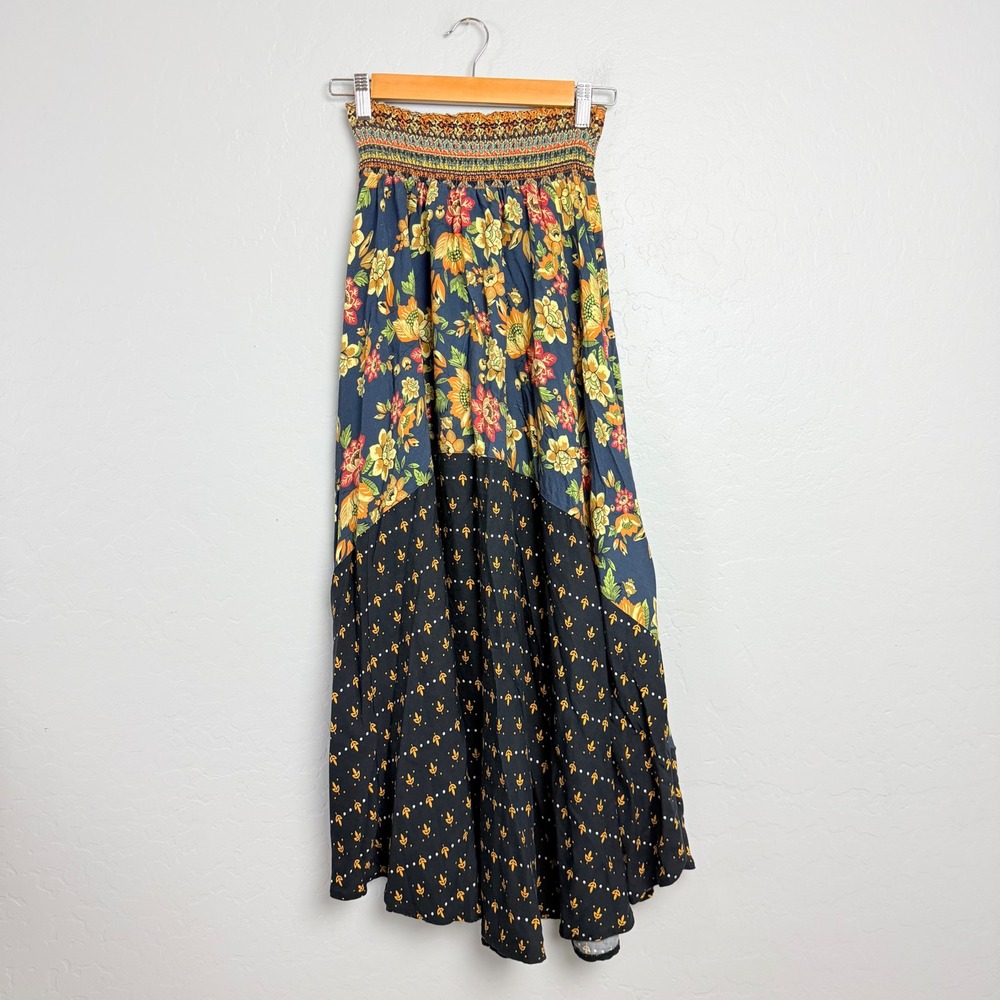 Farm Rio Women Small Mixed Floral Smocked Waist Tiered Maxi Skirt Navy Blue Boho